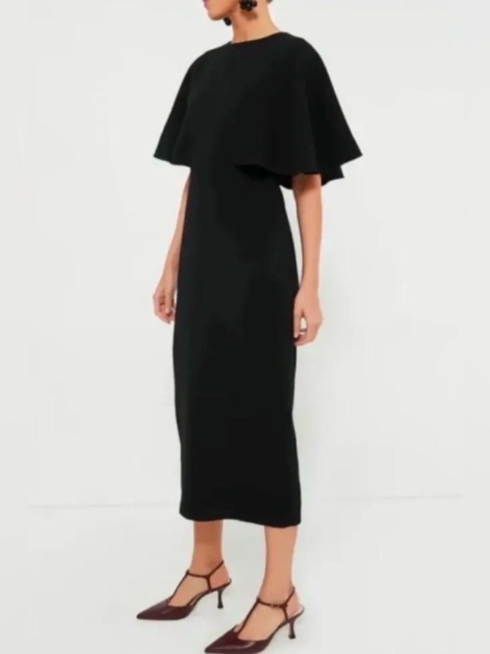 Pomander Place Leah Cape Midi Dress Black Cape Sleeve Sheath Size 8 NWT